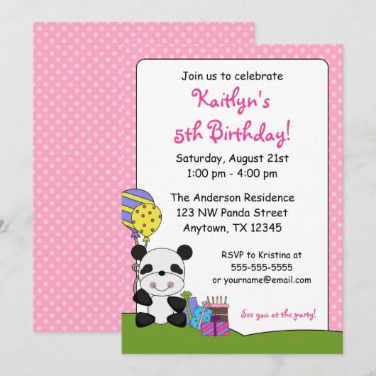 Cute Panda Birthday Party Kaart (Voorkant / Achterkant)