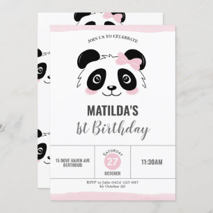 Cute Panda Birthday Party Pink Black and White Kaart