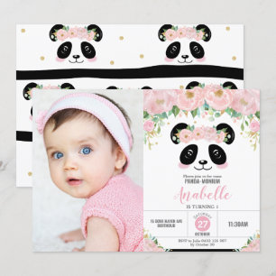 Cute Panda Birthday Party Pink Floral Foto Kaart