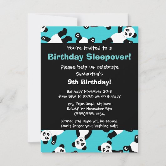 Cute Panda Birthday Sleepover Party Invitation Kaart (Voorkant)