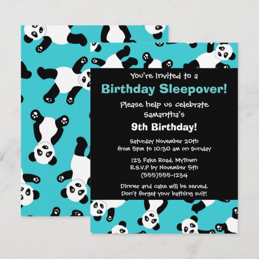 Cute Panda Birthday Sleepover Party Invitation Kaart (Voorkant / Achterkant)