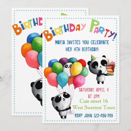 Cute Panda Birthday Uitnodiging (Voorkant / Achterkant)