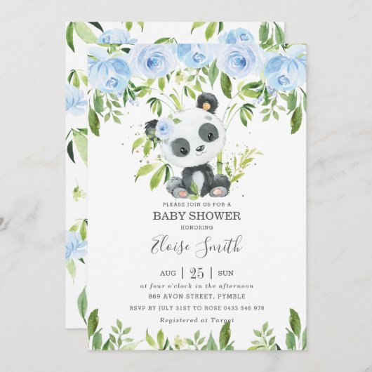 Cute Panda Blue Floral Greenery Baby shower Kaart (Voorkant / Achterkant)