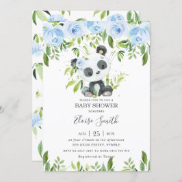Cute Panda Blue Floral Greenery Baby shower Kaart
