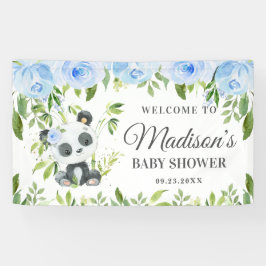 Cute Panda Blue Floral Greenery Bamboo Backdrop Spandoek