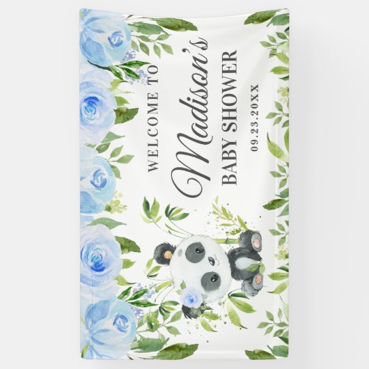 Cute Panda Blue Floral Greenery Bamboo Backdrop Spandoek (Verticaal)