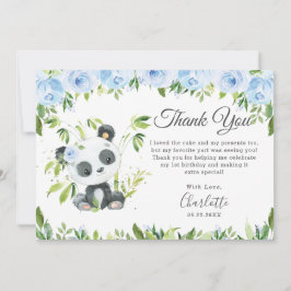 Cute Panda Blue Floral Greenery Birthday Party Bedankkaart