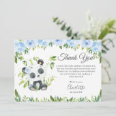 Cute Panda Blue Floral Greenery Birthday Party Bedankkaart (Staand voorkant)