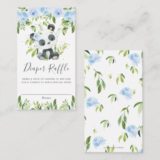 Cute Panda Blue Floral Greenery Diaper Raffle Informatiekaartje (Voorkant / Achterkant)
