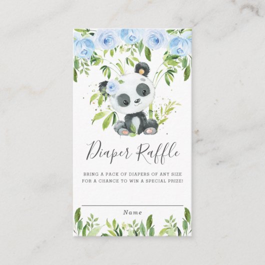 Cute Panda Blue Floral Greenery Diaper Raffle Informatiekaartje (Voorkant)