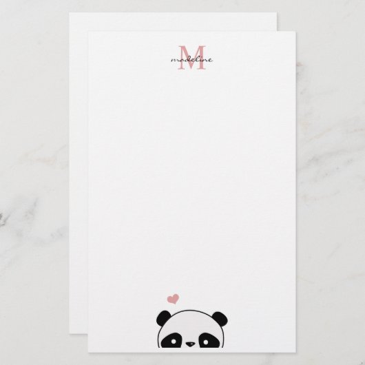 Cute Panda Blush Pink Monogram Script Briefpapier (Voorkant / Achterkant)