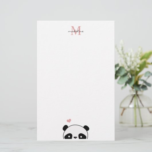 Cute Panda Blush Pink Monogram Script Briefpapier (Staand voorkant)