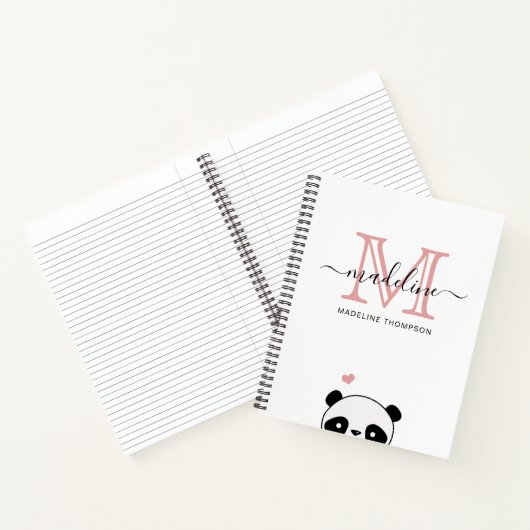 Cute Panda Blush Pink Monogram Script Notitieboek (Binnen)