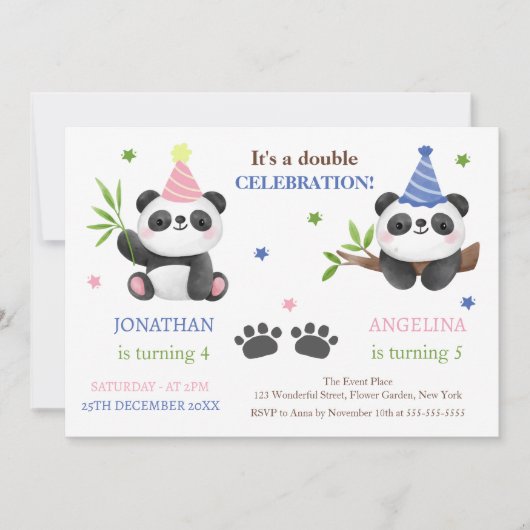 Cute Panda Boy and Girl Joint Birthday Kaart (Voorkant)