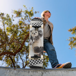 Cute Panda Checkered Modern Collage Custom Name Persoonlijk Skateboard