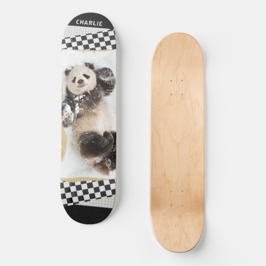 Cute Panda Checkered Modern Collage Custom Name Persoonlijk Skateboard (Voorkant)