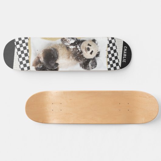 Cute Panda Checkered Modern Collage Custom Name Persoonlijk Skateboard (Horizontaal)