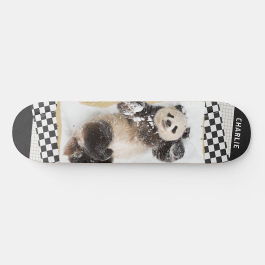 Cute Panda Checkered Modern Collage Custom Name Persoonlijk Skateboard (Horizontaal)