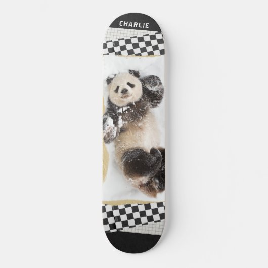 Cute Panda Checkered Modern Collage Custom Name Persoonlijk Skateboard (Voorkant)