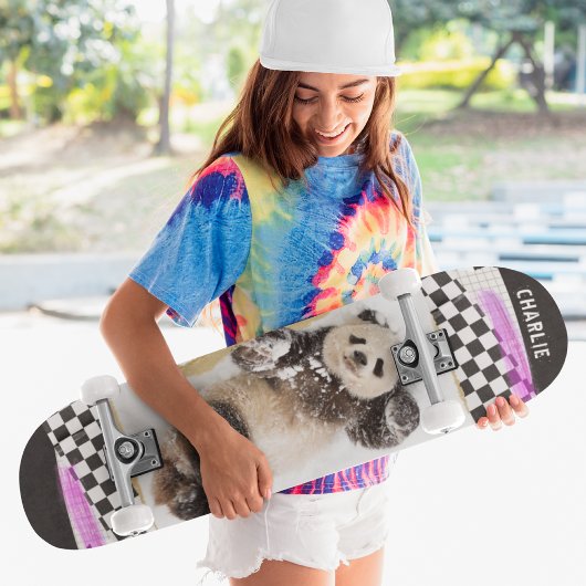 Cute Panda Checkered Modern Collage Custom Name Persoonlijk Skateboard