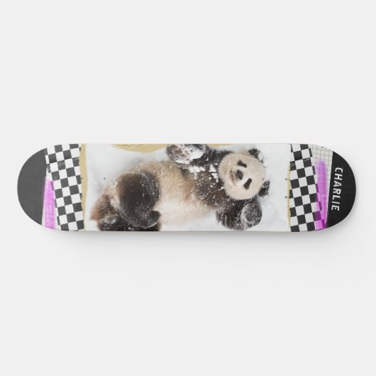 Cute Panda Checkered Modern Collage Custom Name Persoonlijk Skateboard (Horizontaal)