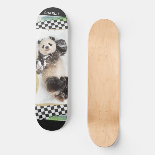 Cute Panda Checkered Modern Collage Custom Name Persoonlijk Skateboard (Voorkant)