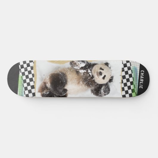 Cute Panda Checkered Modern Collage Custom Name Persoonlijk Skateboard (Horizontaal)
