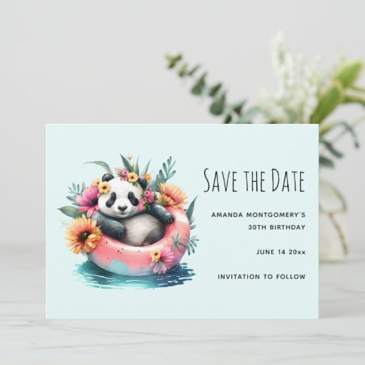 Cute Panda Chilling in een binnenbuis Save The Date (Staand voorkant)