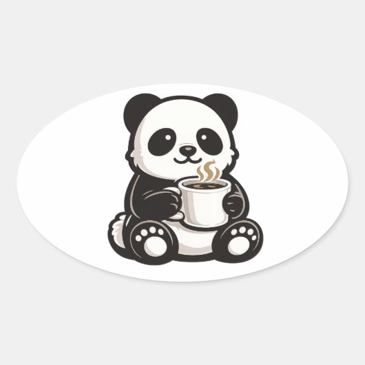 Cute Panda Coffee – Kawaii Panda met koffie  Ovale Sticker (Voorkant)