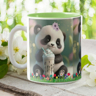 Cute Panda drink melkschudde kleurrijke bloemen Tweekleurige Koffiemok