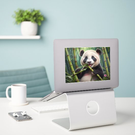 Cute Panda Eating Bamboo Sticker (Laptop op bureau)