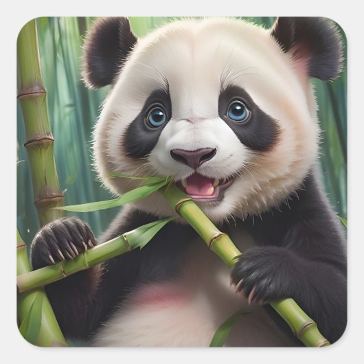 Cute Panda Eating Bamboo Vierkante Sticker (Voorkant)