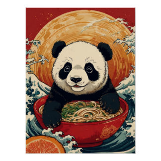 Cute Panda Eating Ramen in Japanese Ukiyo-e Style Perfect Poster