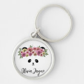 Cute Panda Floral Face Girl's Silver Sleutelhanger (Voorkant)