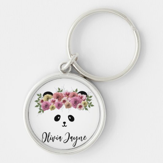 Cute Panda Floral Face Girl's Silver Sleutelhanger (Voorkant)