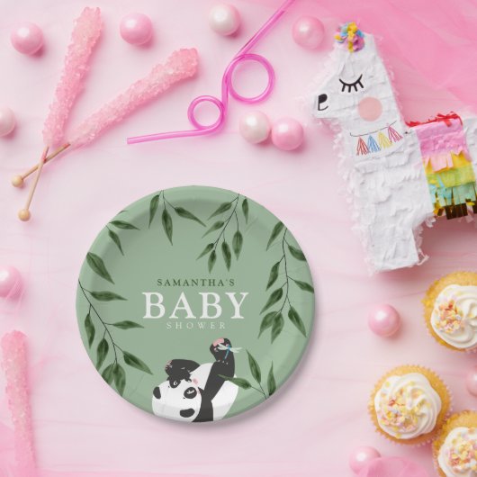 Cute Panda & Foliage Neutraal Baby shower Papieren Bordje (Feest)