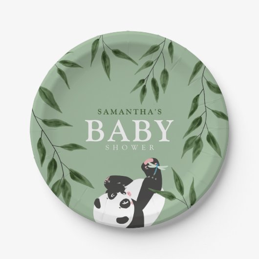 Cute Panda & Foliage Neutraal Baby shower Papieren Bordje (Voorkant)