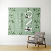 Cute Panda & Gebladerte 1e Verjaardag Foto Achterg Wandkleed (In Situ (horizontaal))