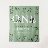 Cute Panda & Gebladerte 1e Verjaardag Foto Achterg Wandkleed (Voorkant)