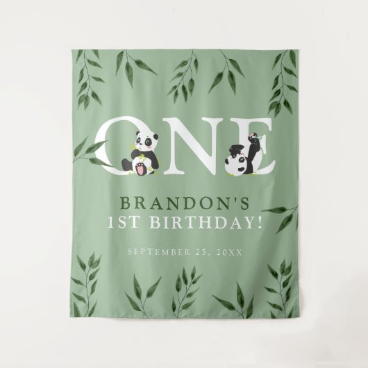 Cute Panda & Gebladerte 1e Verjaardag Foto Achterg Wandkleed (Voorkant)