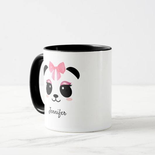 Cute panda gezichtroze wimpers gepersonaliseerd mok (Voorkant links)