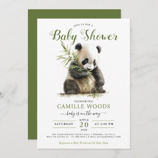Cute Panda Greenery Baby shower Gender Neutral Kaart (Voorkant / Achterkant)
