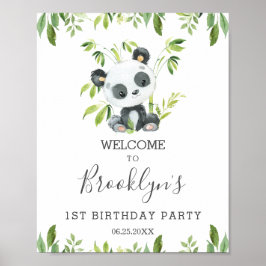 Cute Panda Greenery Birthday Party Neutral Welcome Poster