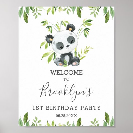 Cute Panda Greenery Birthday Party Neutral Welcome Poster (Voorkant)