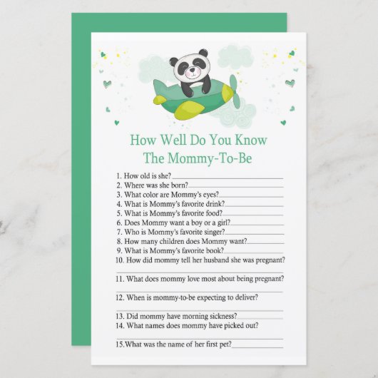 Cute panda Hoe goed ken je het baby shower spel? (Voorkant / Achterkant)