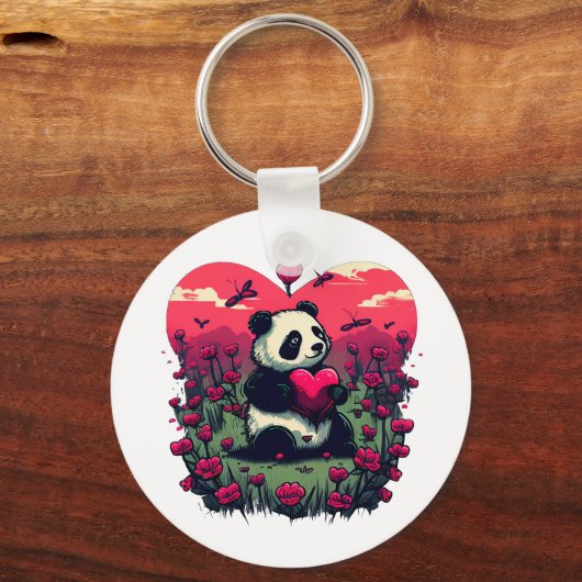 Cute Panda Holding Heart - Valentijnsdag Gift Sleutelhanger (Voorkant)
