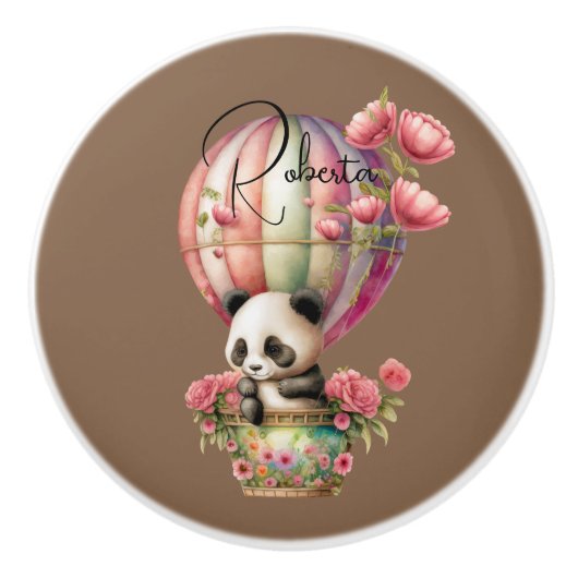 Cute panda in een hete luchtballon met bruine bg keramische knop (Voorkant)