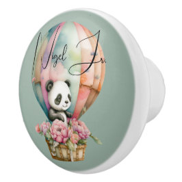Cute panda in een luchtballon, steelblu bg, aangep keramische knop
