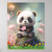 Cute Panda in roze Floral Garden Art Poster (Voorkant)