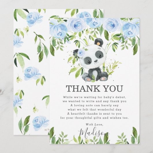 Cute Panda Light Blue Floral Greenery Baby shower Bedankkaart (Voorkant / Achterkant)